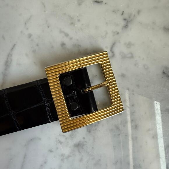 Kleinberg Sherrill American Alligator Belt Navy Gold Buckle Womens M Made in USA